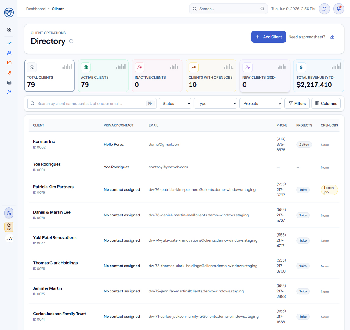 BOS client profile showing contacts, follow-ups, opportunities, and communication activity.