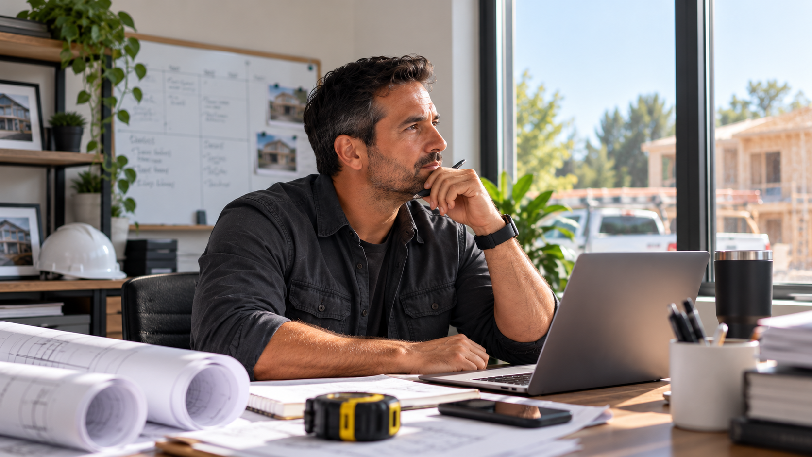 Contractor business owner reviewing operations at his desk.