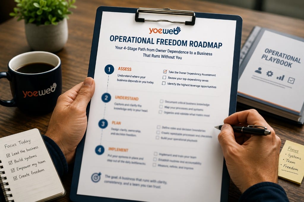 A business owner reviewing the Operational Freedom assessment worksheet.