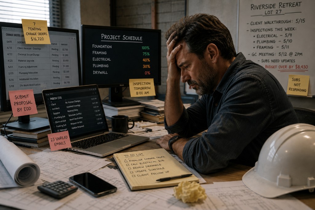 Contractor overwhelmed by disconnected workflows, pending change orders, and scattered project information.