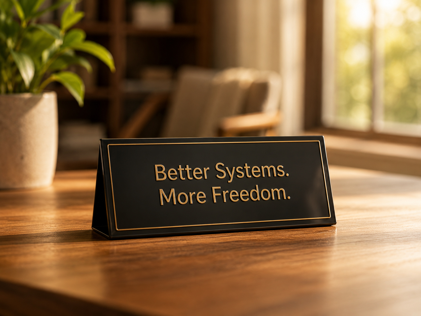 A matte navy mug on a wood desk in soft daylight, printed with the words Better Systems. More Freedom.